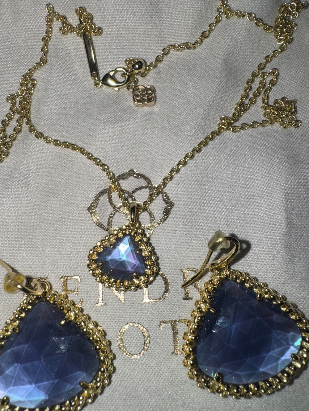Kendra Scott set Gold-Tone Necklace and Earrings Set with Blue Triangle Crystal